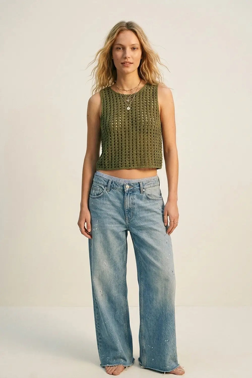 Q2 Olive Crochet Open Knit Sleeveless Cropped Tank Top