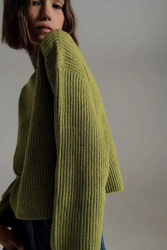 olive green soft ribbed turtleneck jumper - Sweaters