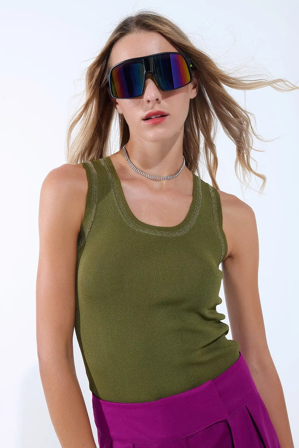 Q2 Olive Sleeveless Knit Top with Metallic Trim