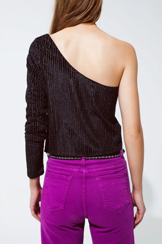 One Sleeve Glitter Party Top in Black - Tops