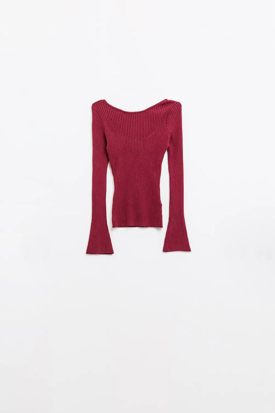 Open Back Ribbed Burgundy Sweater - Sweaters