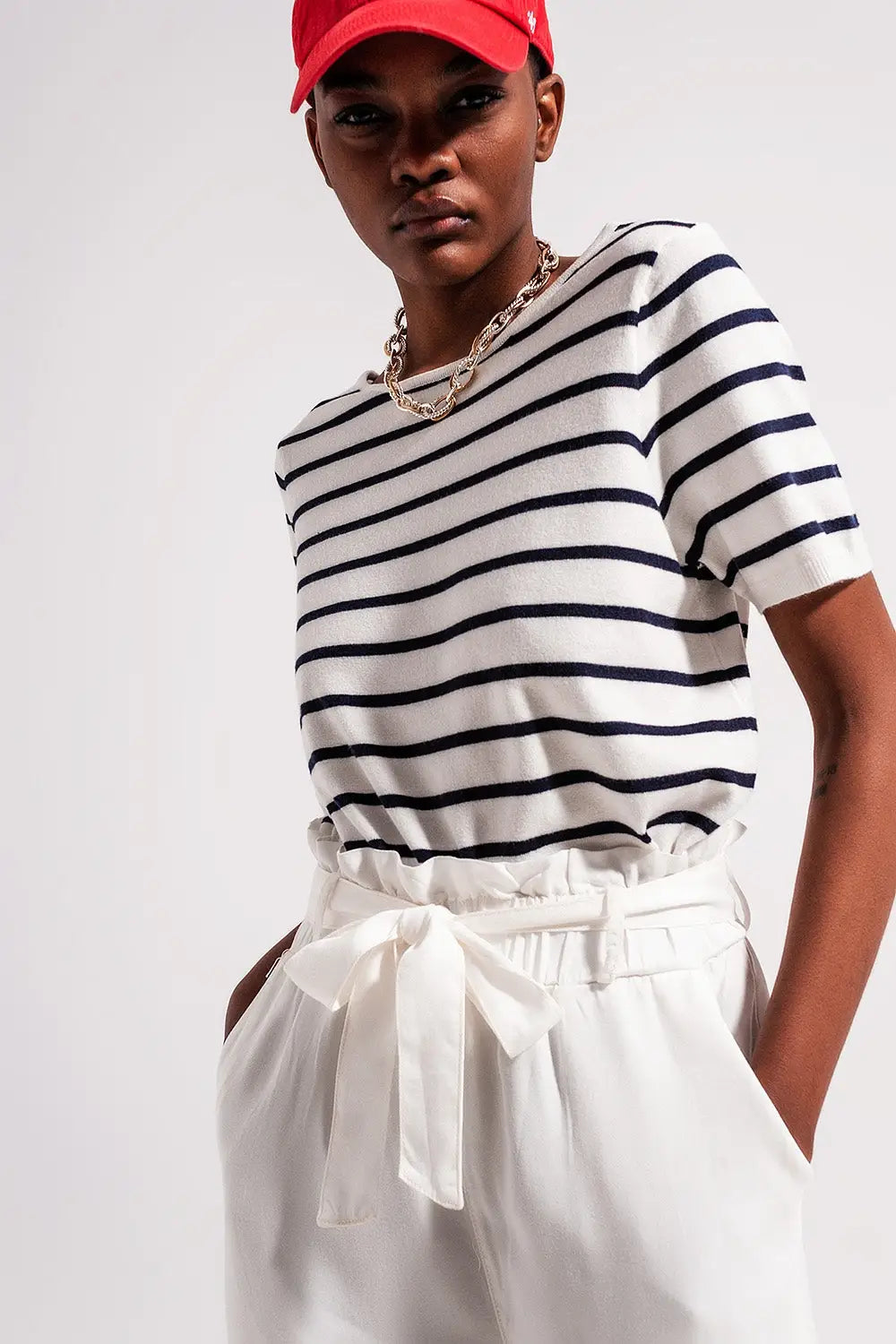Open back lace up stripes jumper in navy - Sweaters