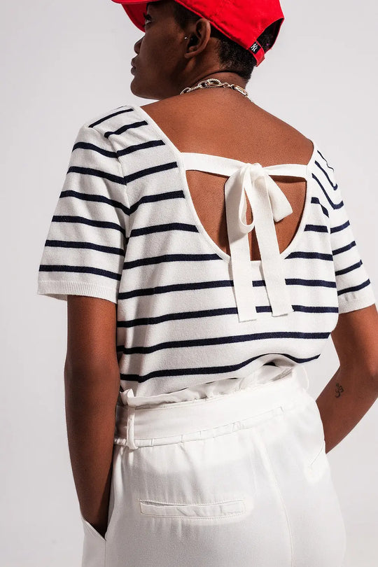 Open back lace up stripes jumper in navy - Sweaters