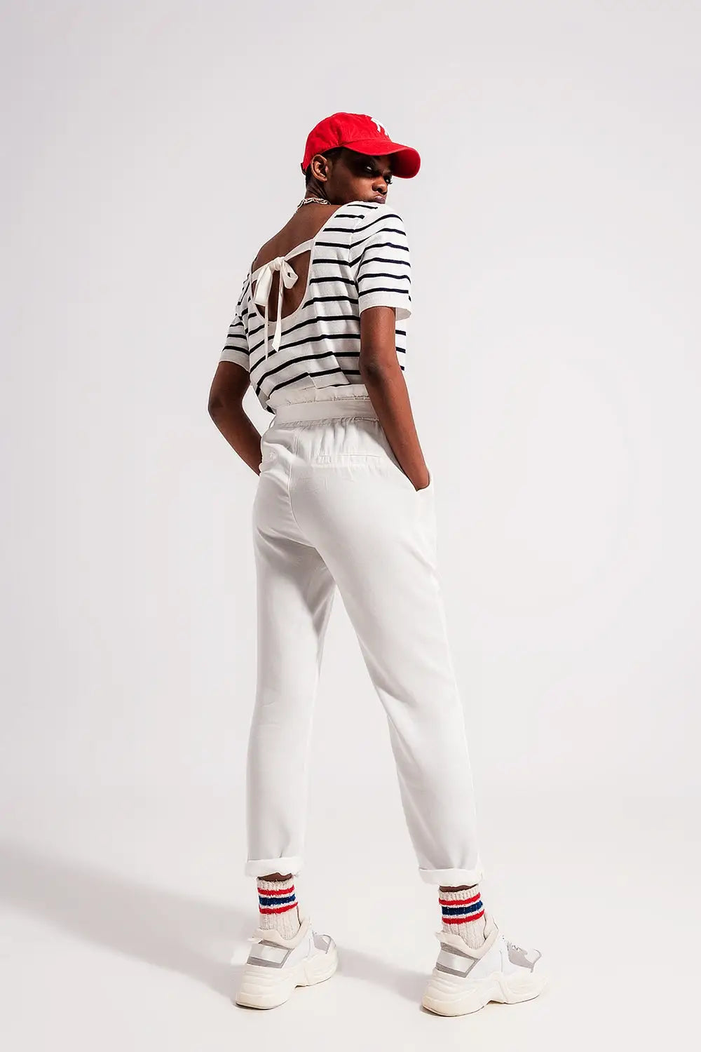 Open back lace up stripes jumper in navy - Sweaters