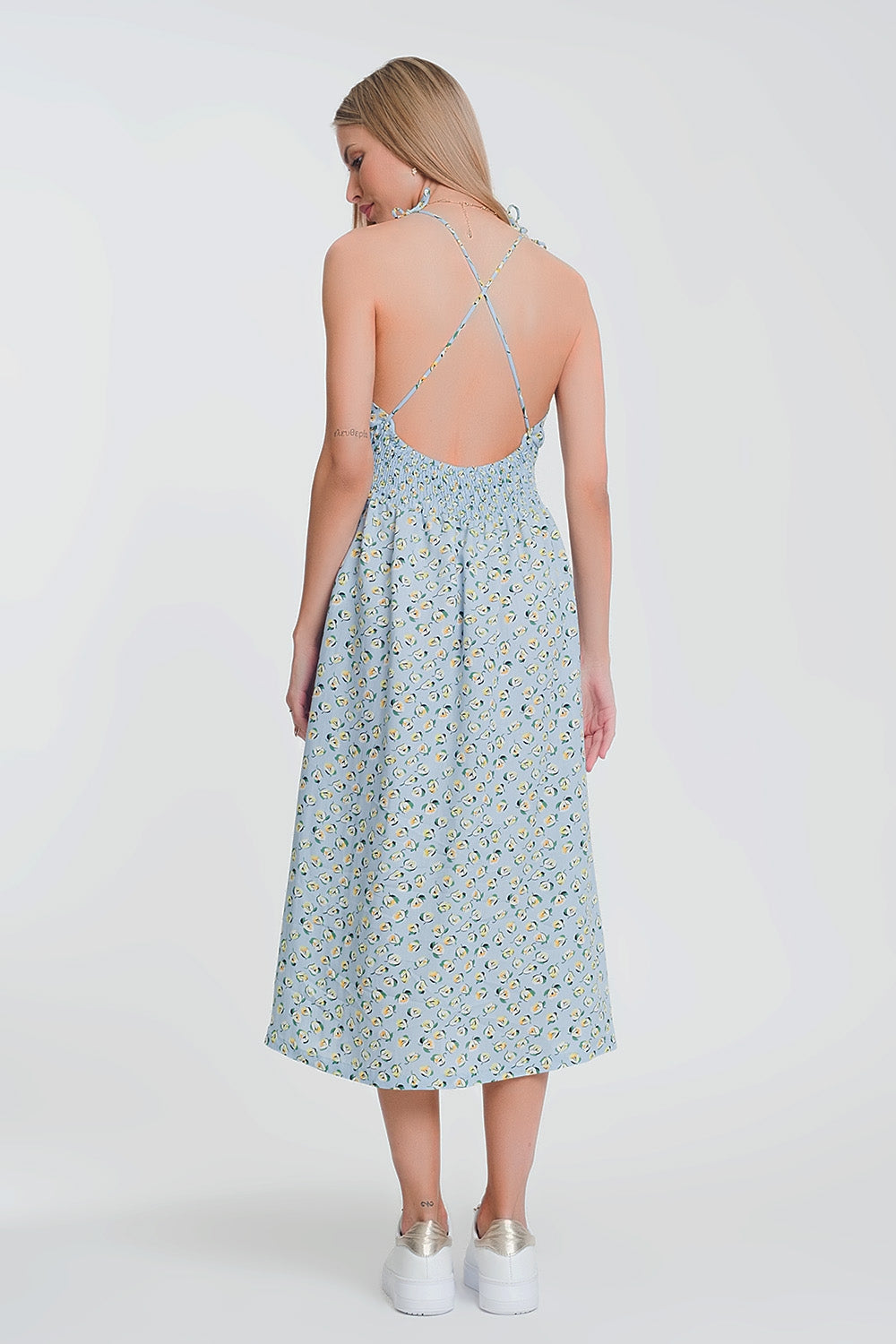 open back maxi dress in blue floral