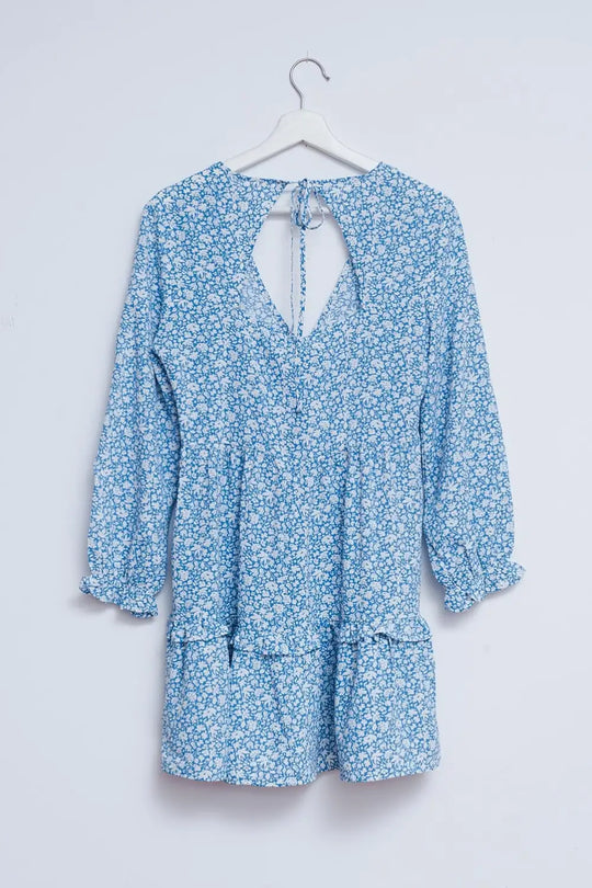 Open back mini tea dress in blue floral - Dresses