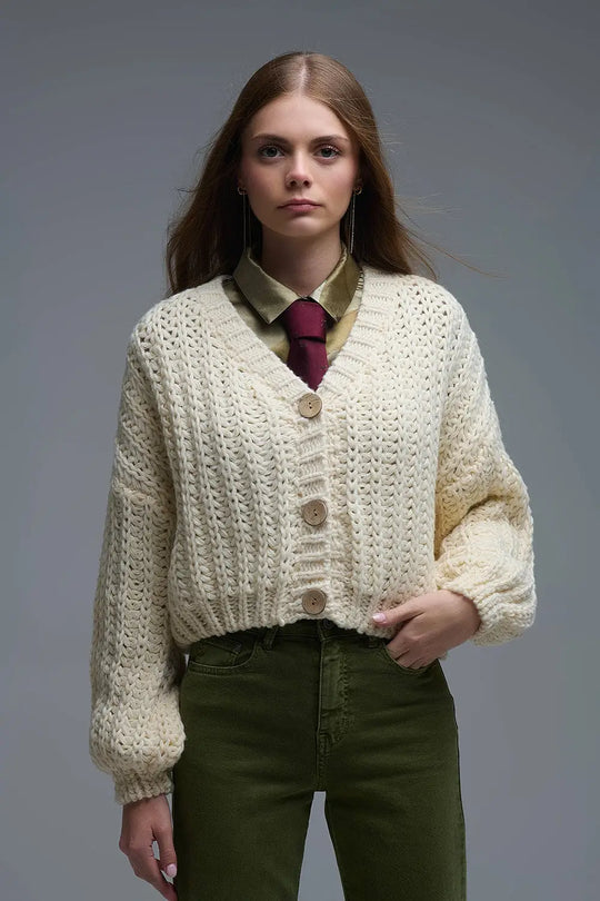 Q2 Open Knit Chunky Cardigan In beige