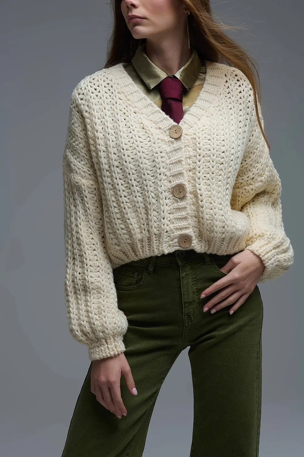 Open Knit Chunky Cardigan In beige - One Size / White - Coats and Jackets