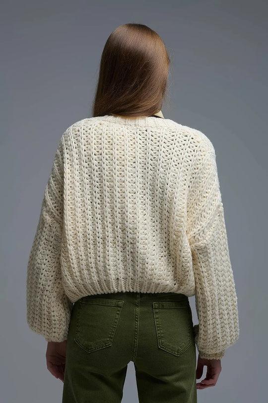 Open Knit Chunky Cardigan In beige - One Size / White - Coats and Jackets