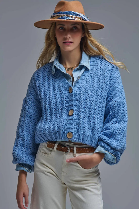 Q2 Open Knit Chunky Cardigan In blue