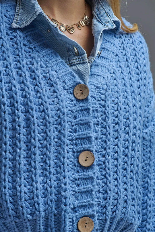 Open Knit Chunky Cardigan In blue - One Size / Blue - Coats and Jackets