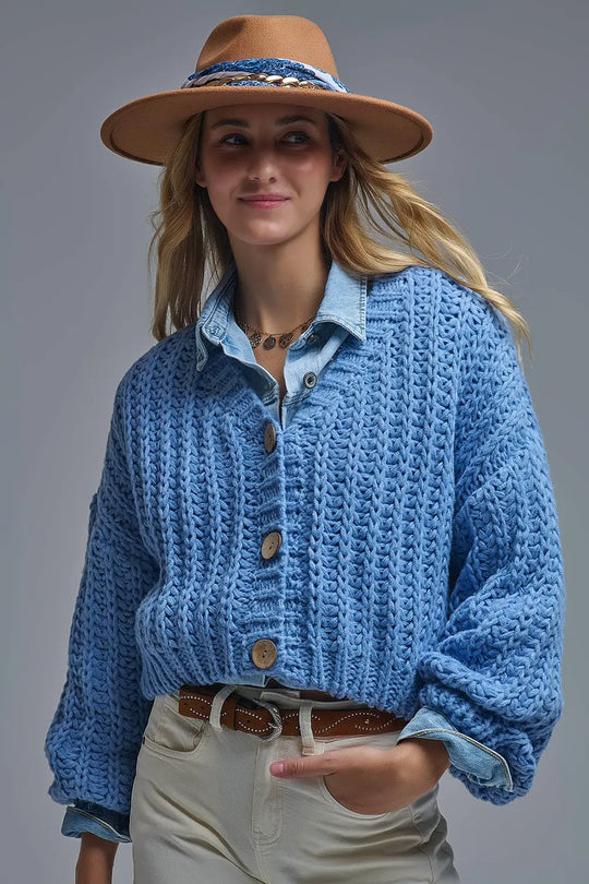 Open Knit Chunky Cardigan In blue - One Size / Blue - Coats and Jackets