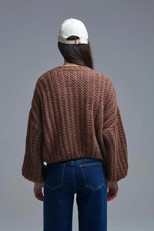 Open Knit Chunky Cardigan In Brown - One Size / Brown - Sweaters