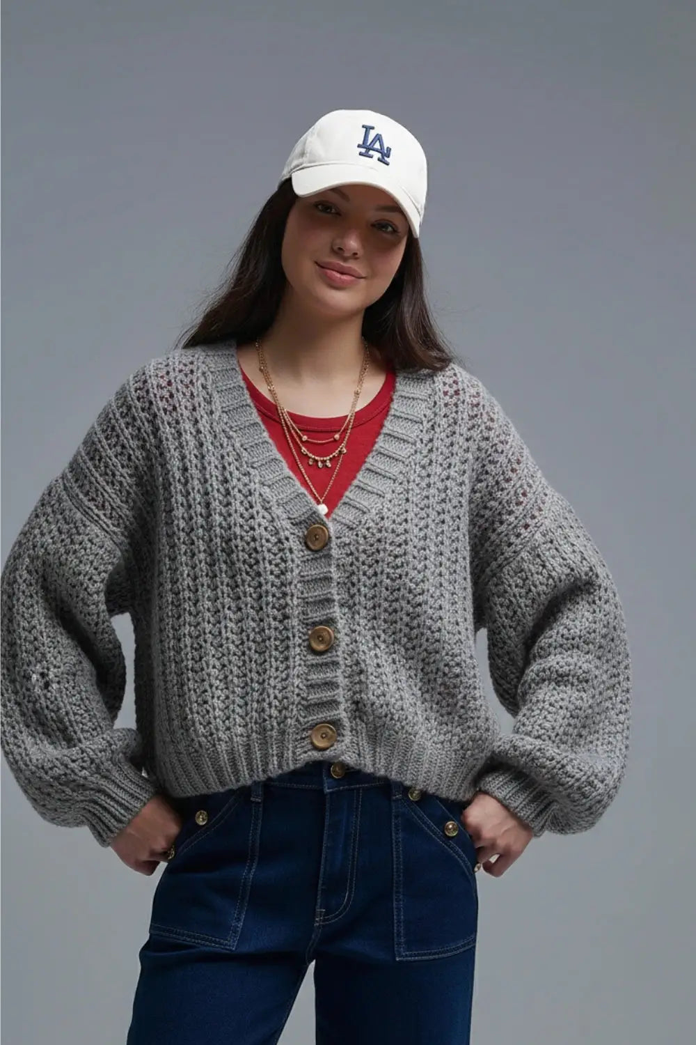 Q2 Open Knit Chunky Cardigan In grey with buttons
