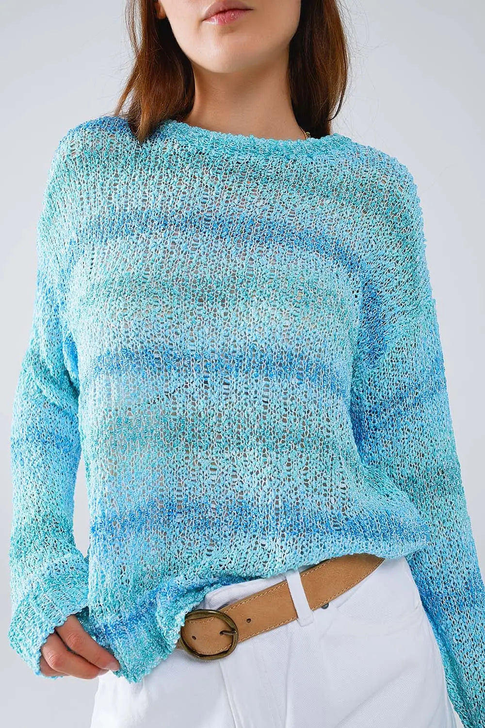 Open Knit Stripey Crew Neck Sweater in Shades of Blue - One Size / Blue - Sweaters