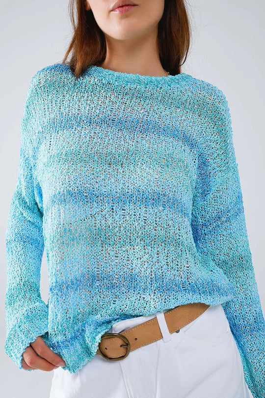 Open Knit Stripey Crew Neck Sweater in Shades of Blue - One Size / Blue - Sweaters