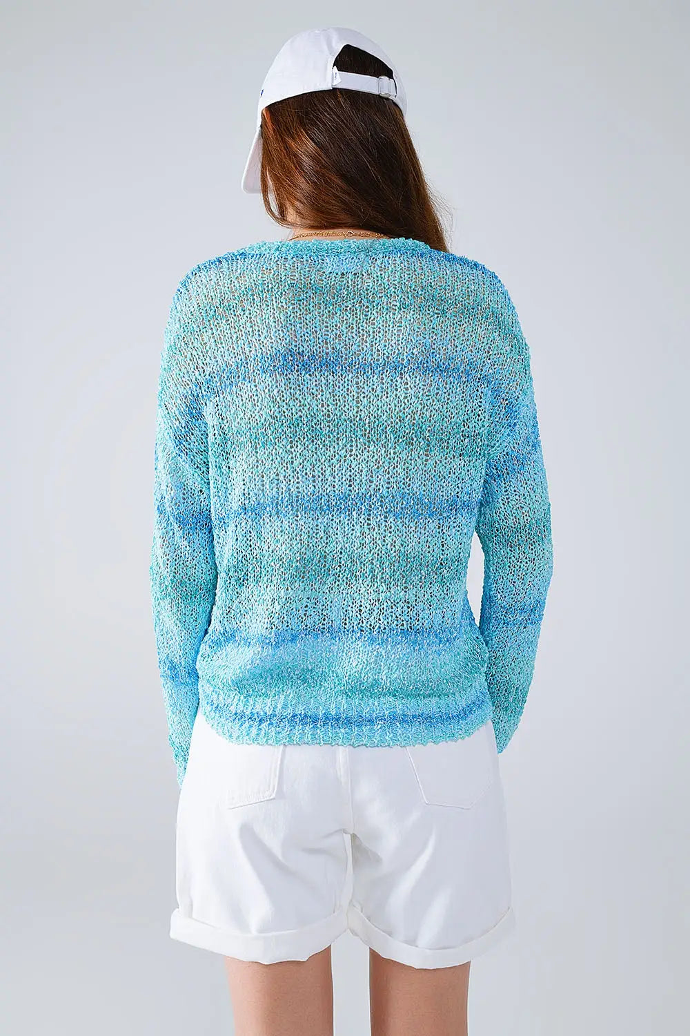 Open Knit Stripey Crew Neck Sweater in Shades of Blue - One Size / Blue - Sweaters