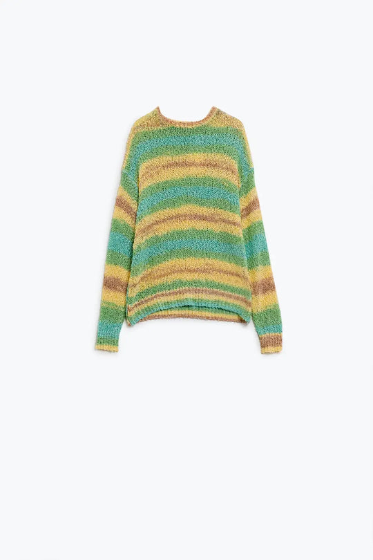 Q2 Open Knit Stripey Crew Neck Sweater in Shades of Yellow and Green