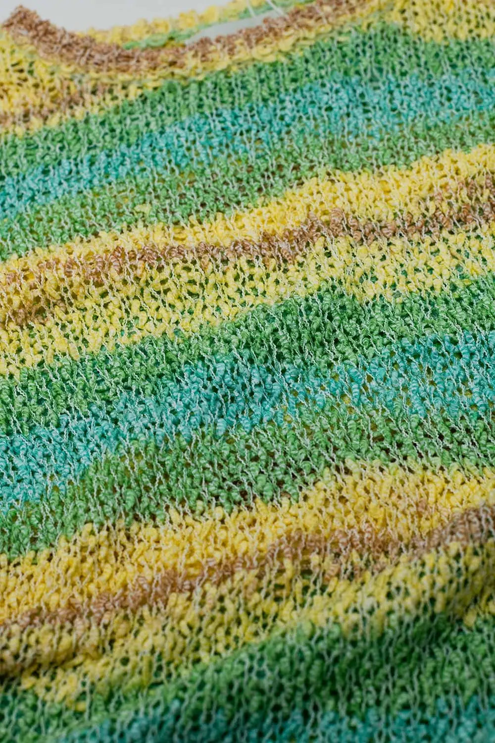 Open Knit Stripey Crew Neck Sweater in Shades of Yellow and Green - One Size / Green - Sweaters