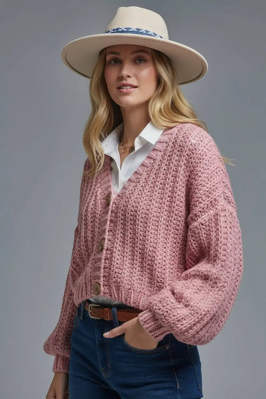 Open Knitted Chunky Cardigan in pink with relaxed sleeves - One Size / Pink - Coats and Jackets