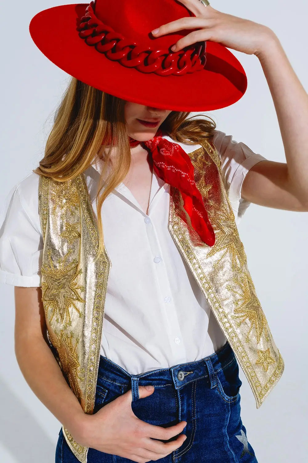 Open Vest With Embroidered Stars in Gold - Coats and Jackets