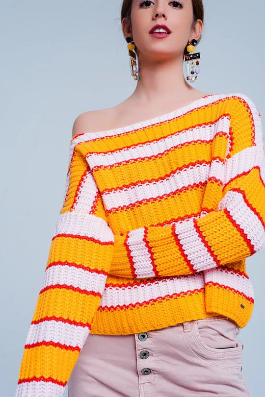 Orange and pink Color block stripe sweater - Sweaters