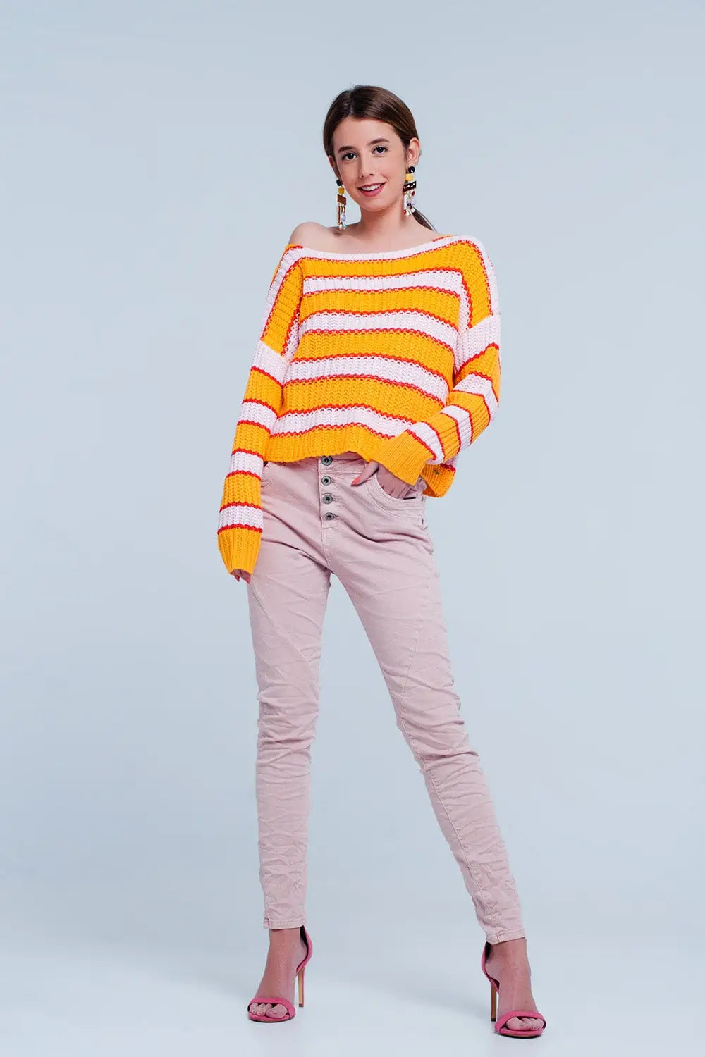Orange and pink Color block stripe sweater - Sweaters
