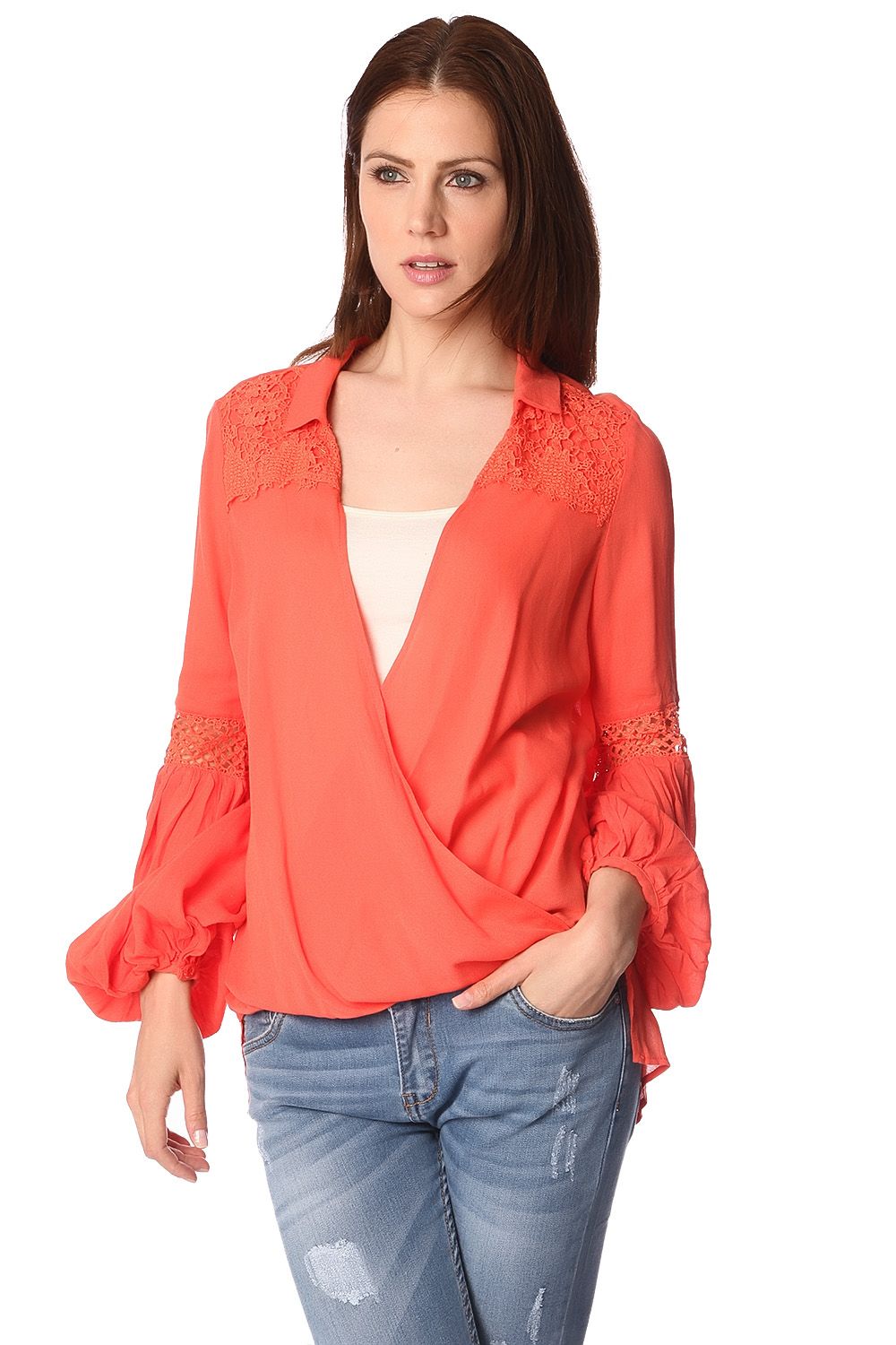 Q2 Orange blouse with wrap front and draped detail