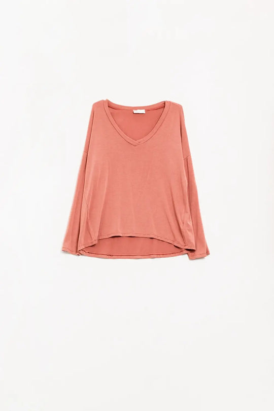 Q2 Orange long sleeve v neck top in modal