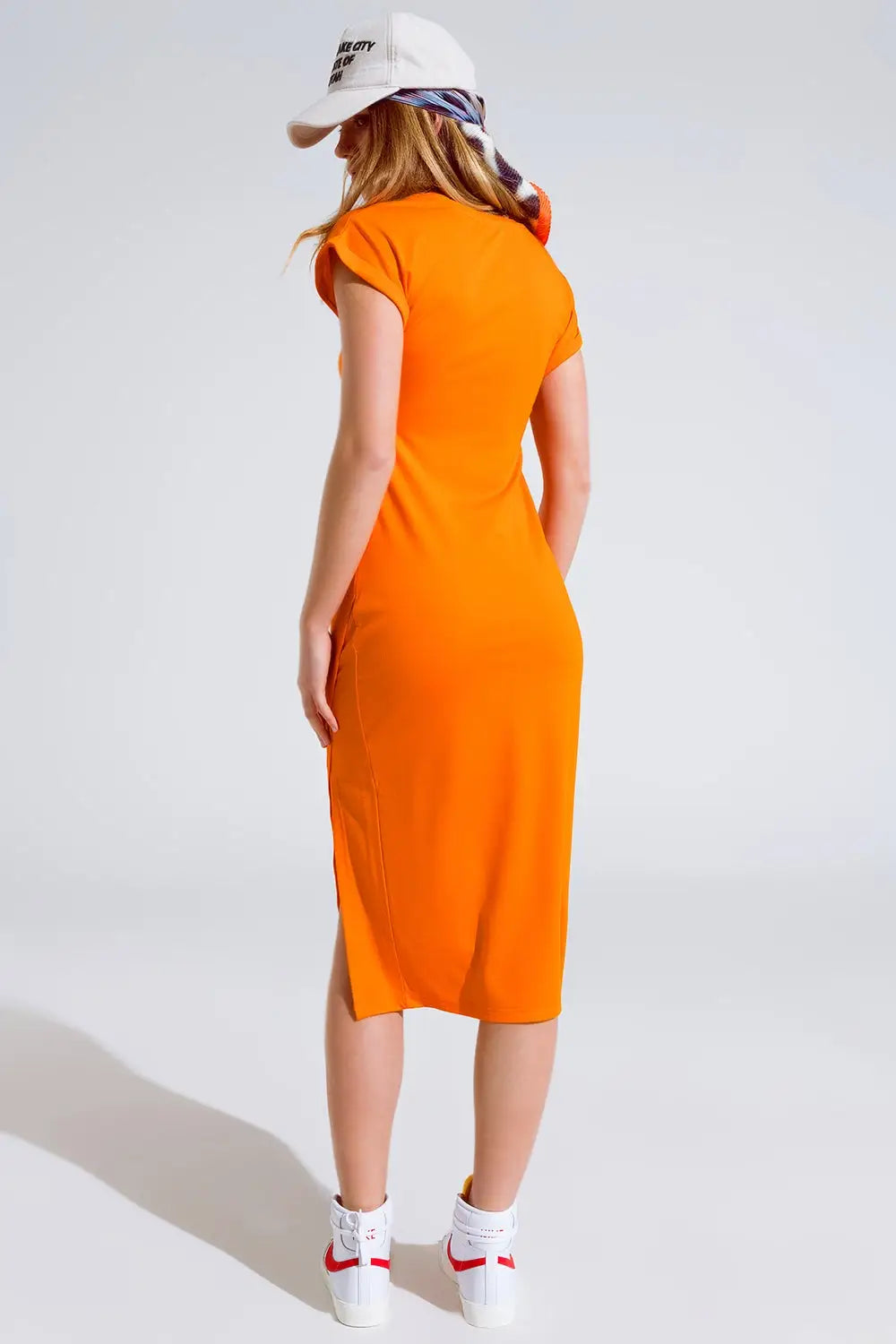 Orange Maxi Dress With Slid and Rouche At The Side - Dresses