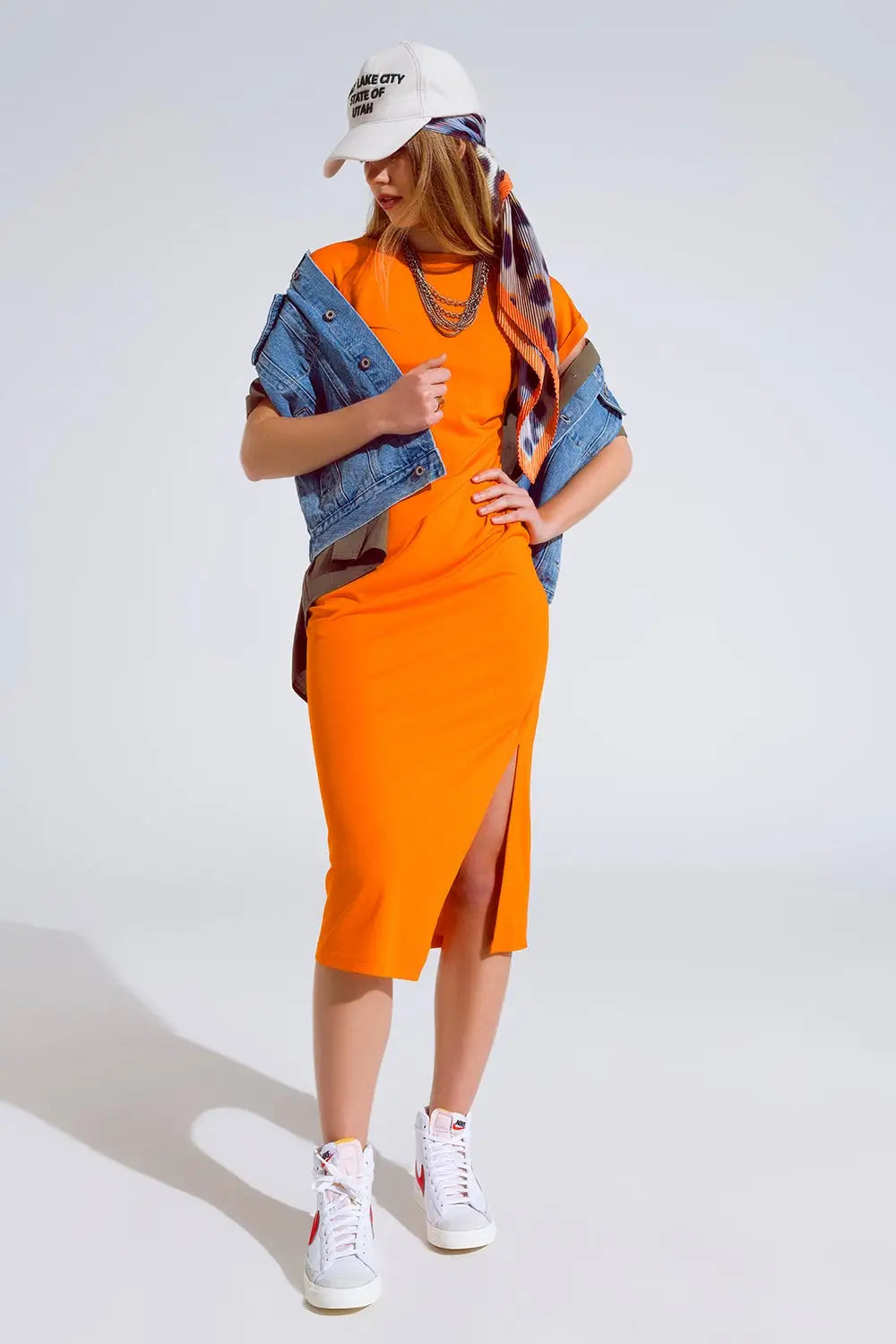 Orange Maxi Dress With Slid and Rouche At The Side - Dresses