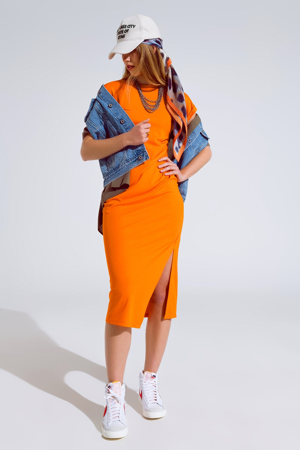 Orange Maxi Dress With Slid and Rouche At The Side