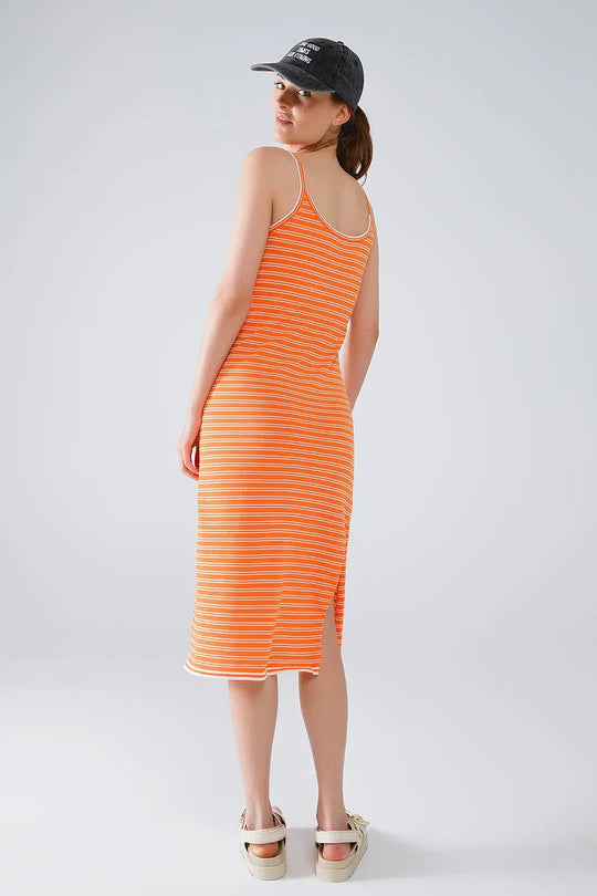 Orange Midi Dress With Stripes And Spaghetti Straps - Dresses