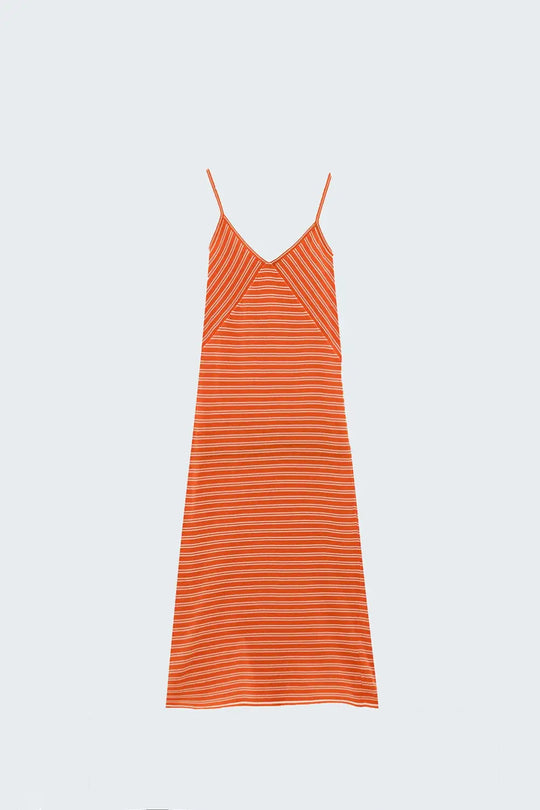 Orange Midi Dress With Stripes And Spaghetti Straps - Dresses