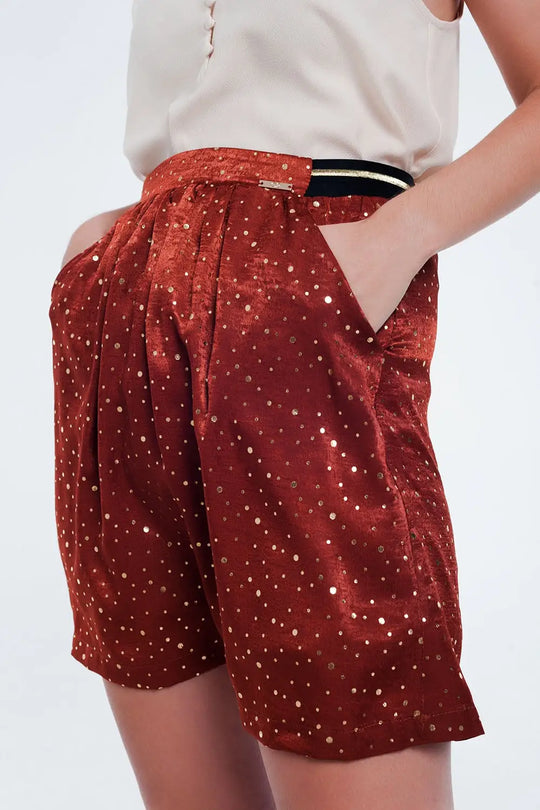 Orange mini skirt with pleats in gold polka dot - Skirts