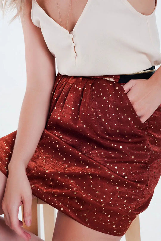 Orange mini skirt with pleats in gold polka dot - Skirts
