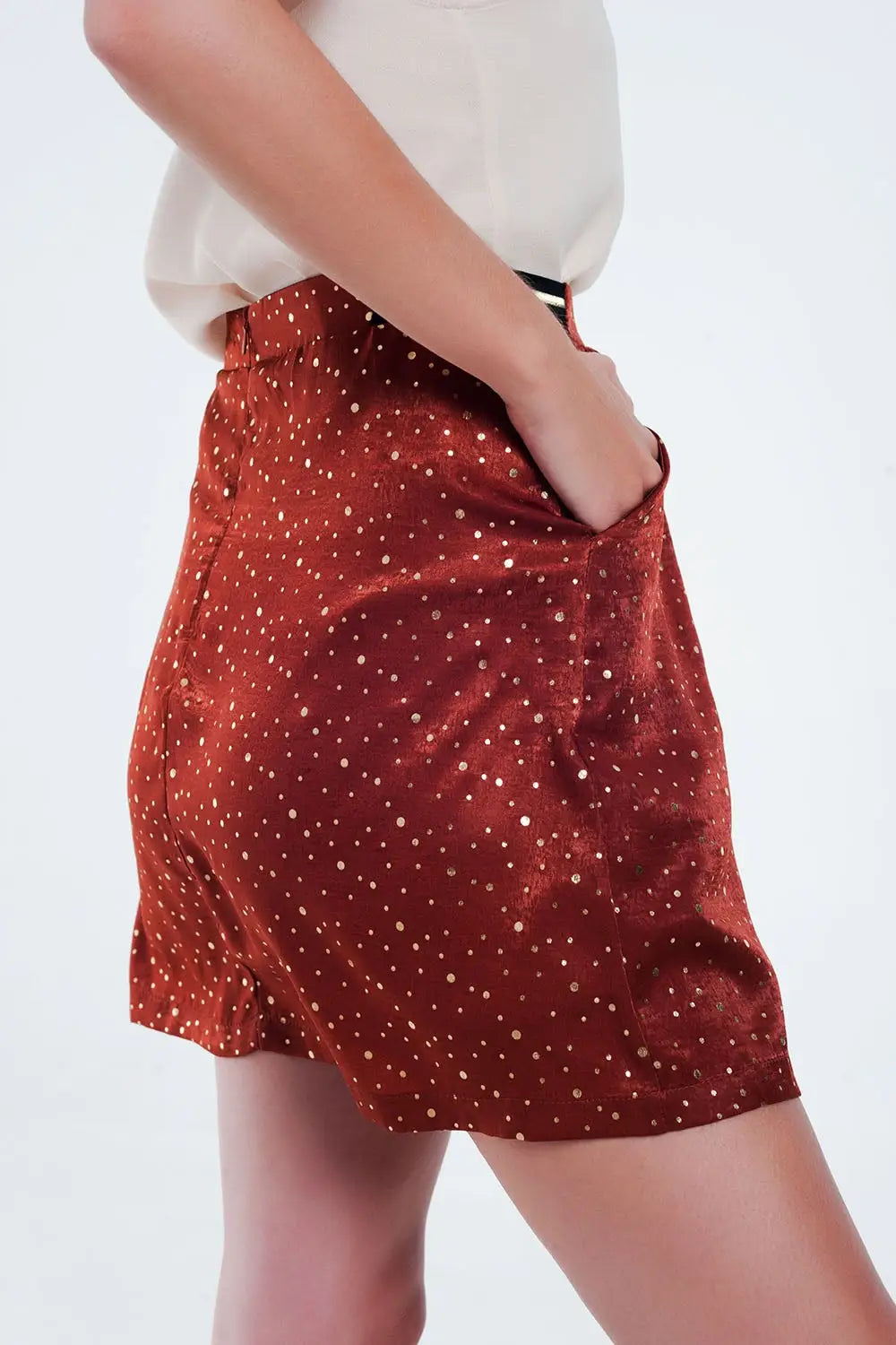 Orange mini skirt with pleats in gold polka dot - Skirts