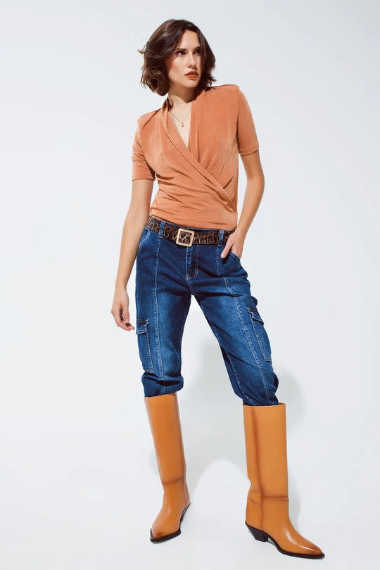 Orange shiny wrap short sleeve Vneck top - Tops