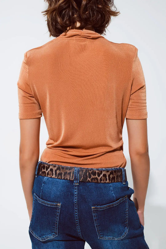 Orange shiny wrap short sleeve Vneck top - Tops