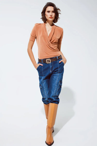 Orange shiny wrap short sleeve Vneck top - Tops