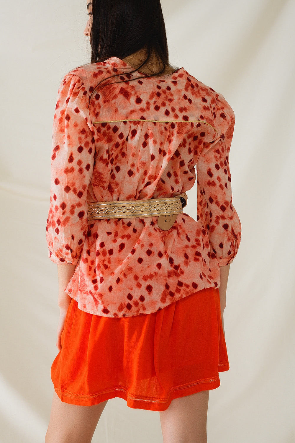 Orange Shirt With Abstract Print And 3/4 Length Sleeves