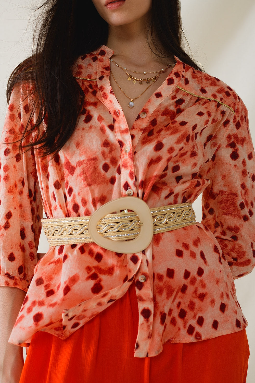 Orange Shirt With Abstract Print And 3/4 Length Sleeves