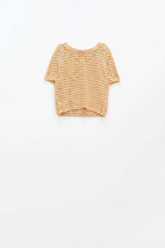 Q2 orange short sleeve crochet knit sweater