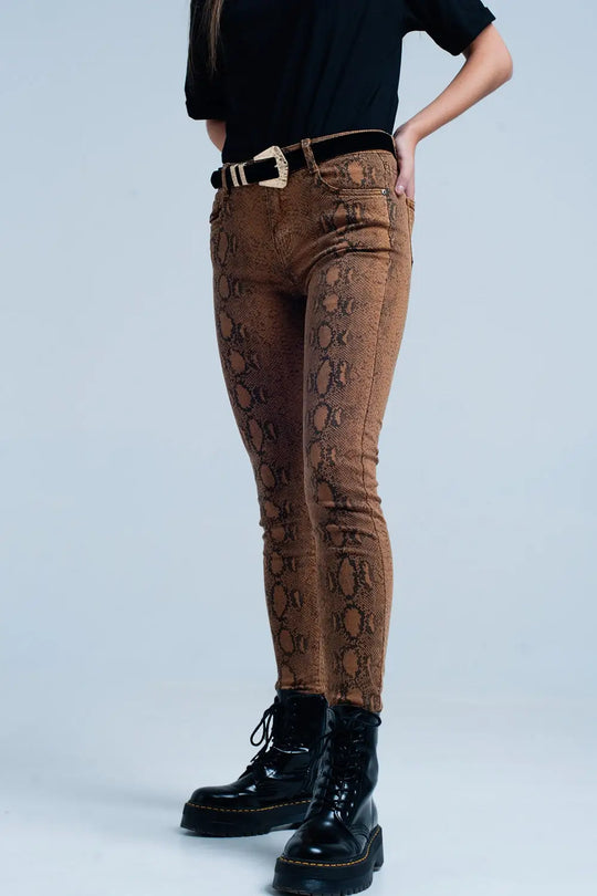 Orange Skinny Pants in Snake Print - Jeans