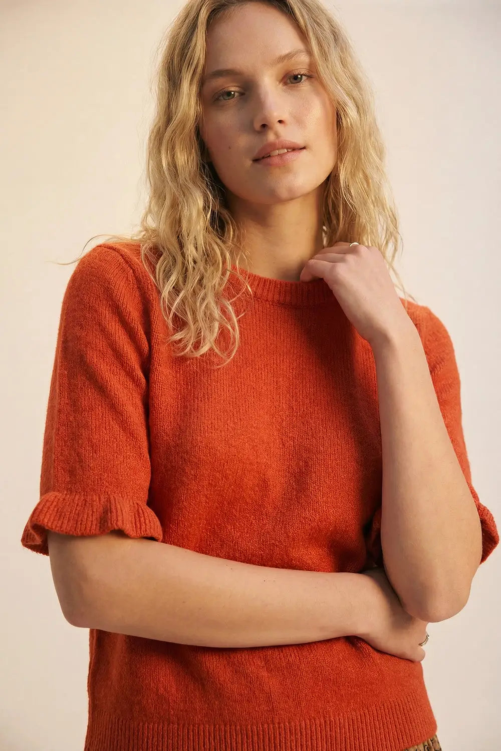 Orange Soft fluffy Knit sweater with Ruffled Sleeve Detail - One Size / Orange - Sweaters