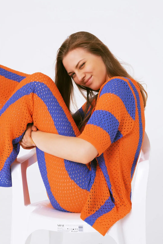 Orange Striped Crochet Knitted Cardigan - One Size / Orange - Sweaters