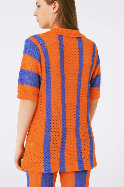 Orange Striped Crochet Knitted Cardigan - One Size / Orange - Sweaters