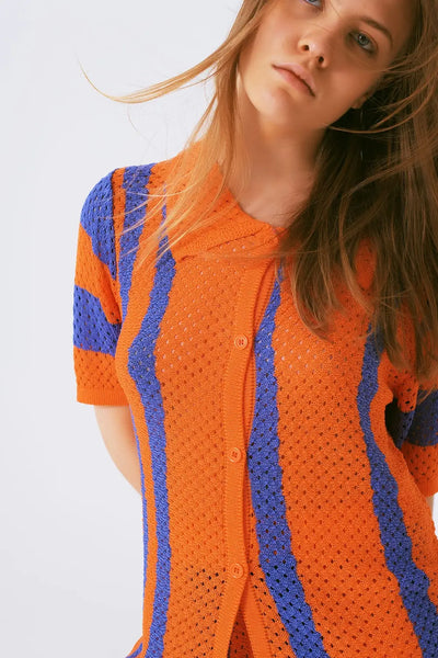 Orange Striped Crochet Knitted Cardigan - One Size / Orange - Sweaters