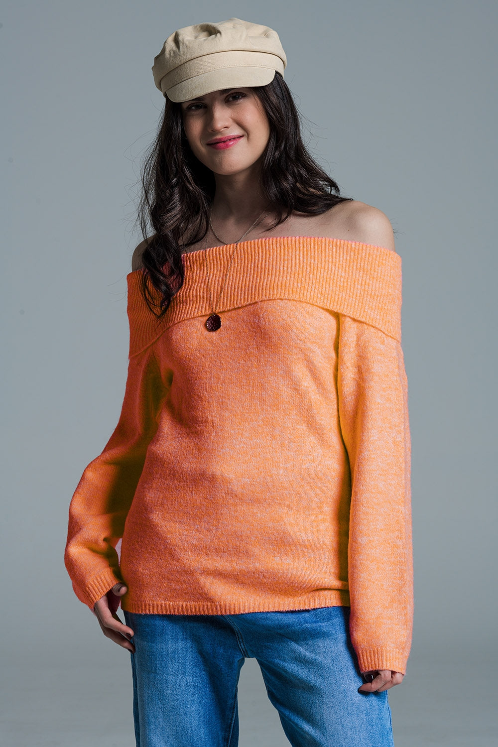 Q2 Orange sweater with boat neckline