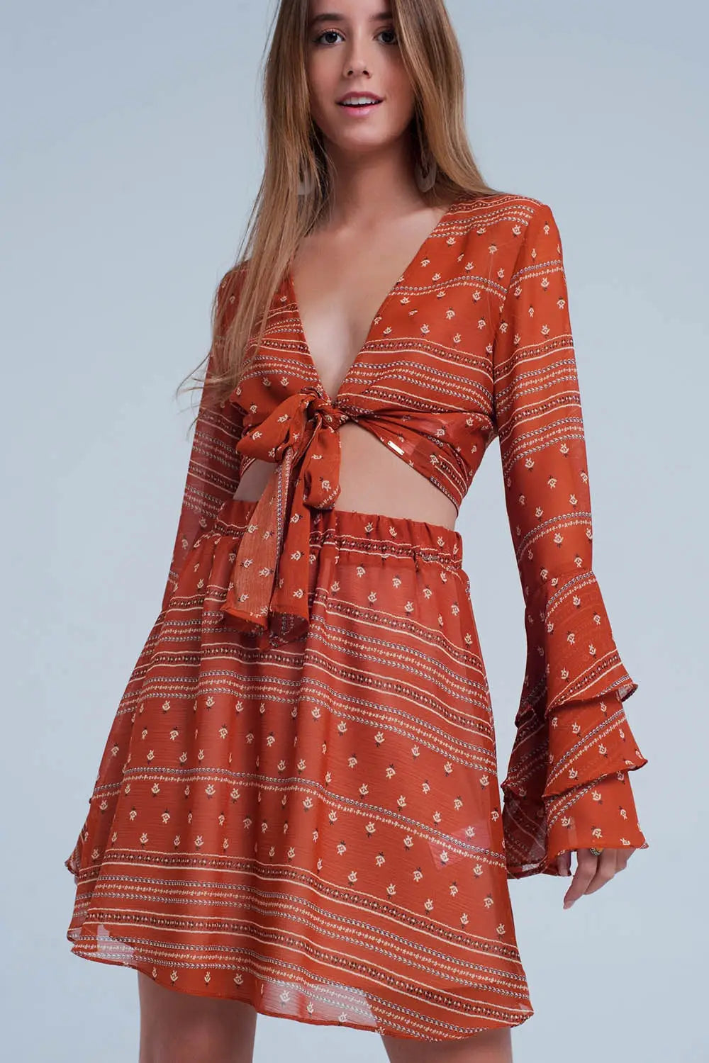 Orange Tie Front Mixed Print Crop Top - Shirts